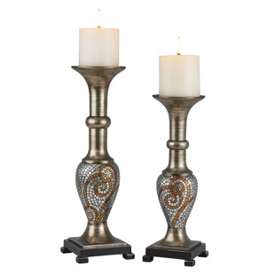WORLD MENAGERIE Dorella 14'' H Resin Tabletop Candlestick with Candle Included (Set of 2)