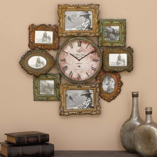 WOODLAND IMPORTS Metal 8 Photo Opening Decorative Green Wall Clock