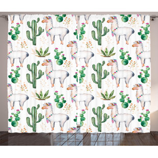 INDIGO SAFARI Diaz Cactus Graphic Print and Text Semi-Sheer Rod pocket Curtain Panels (Set of 2)