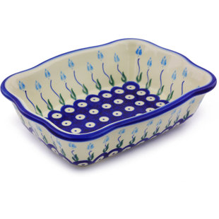 Polmedia Floral Peacock Rectangular Non-Stick Polish Pottery Baker