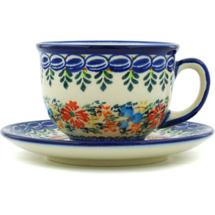 POLMEDIA Polish Pottery Cornflower and Butterflies Coffee Mug with Saucer
