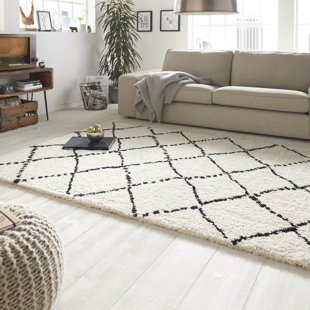 MINT RUGS Hash - Hochflor, Langflor, Shaggy, Rauten Muster, Weich, Wohnzimmer, Schlafzimmer - Creme Schwarz