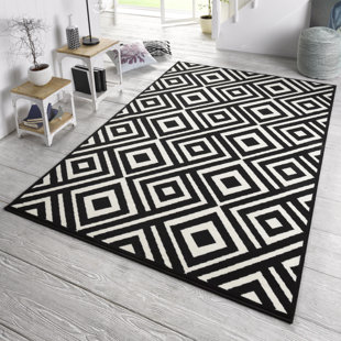 ZALA LIVING Velours Kurzflor Teppich - Geometrisches Muster Raute für Wohnzimmer, Schlafzimmer - Schwarz Creme