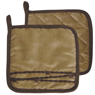 PASEO ROAD BY HIEND ACCENTS Rustic Barbwire Dark Tan Cotton Embroidery Western Rustic Oven Mitt