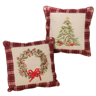 GERSON INTERNATIONAL Set Of 2 Holiday Wreath And Christmas Tree Throw Pillows