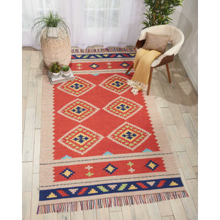 BUNGALOW ROSE Huntingburg Southwestern Hand-Woven Flatweave Red/Beige Area Rug
