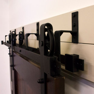 QUIET GLIDE Black Steel Double Door Barn Door Hardware Kit Double Bypass