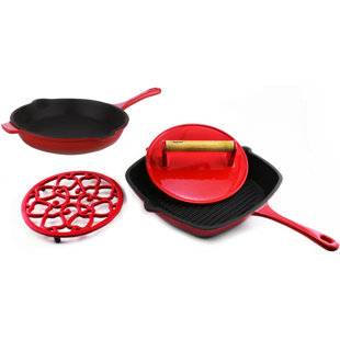 BergHOFF Neo Cast Iron 4Pc Set: Grill Pan, Fry Pan, Steak Press and Trivet, Red