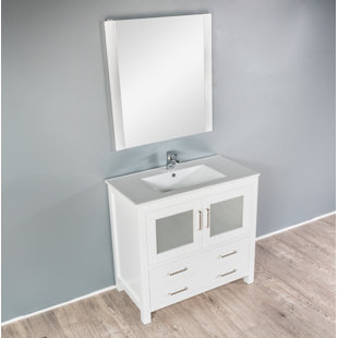 WROUGHT STUDIO™ Leena 35.91'' Free Standing Single Bathroom Vanity with Ceramic Top with Mirror