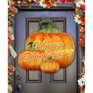 DESIGNOCRACY Happy Thanksgiving Pumpkins Wooden Door Hanger