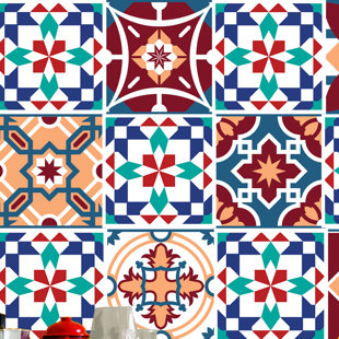 WORLD MENAGERIE Malaya Sangria Azulejo Mix PVC Peel & Stick Mosaic Tile - 15cm x 15cm (Set of 48)