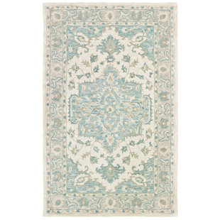 BUNGALOW ROSE Adelbert Oriental Handmade Tufted Wool/Cotton Turquoise/Gray Area Rug