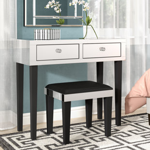 ROSDORF PARK Amaris Mirrored 2 Drawers Corner Makeup Vanity Table with Stool