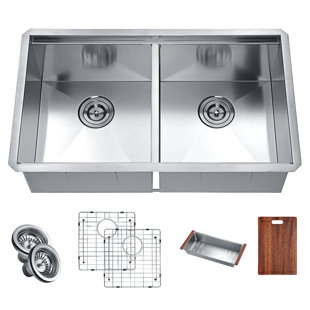 ANZZI Aegis 32.75'' L Undermount Double Bowl Stainless Steel Kitchen Sink
