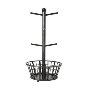Gourmet Basics by Mikasa Band and Stripe Metal 6-Cup Mug Tree with Storage Basket, Black