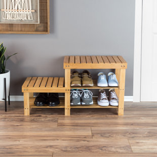 REBRILLIANT 2-Tier Bamboo Shoe Storage Bench- Stores 6 pairs of shoes
