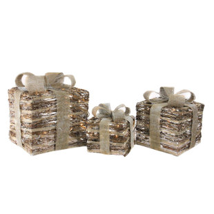 NORTHLIGHT SEASONAL Set of 3 Lighted Rattan Gift Boxes with Burlap Bows Tabletop Christmas Decorations 9.75"