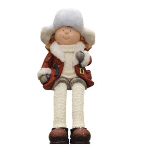 NORTHLIGHT SEASONAL 19" White and Red Sitting Young Girl in Trapper Hat Christmas Figurine
