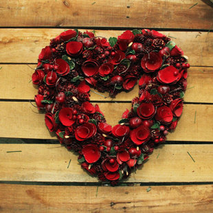 NORTHLIGHT SEASONAL Red Wooden Rose and Cherries Valentine's Day Heart Wreath 13-Inch Unlit