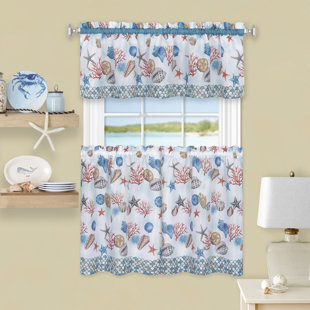 HIGHLAND DUNES Ealing Tailored 58'' W Kitchen Curtain in Blue (Set of 3)