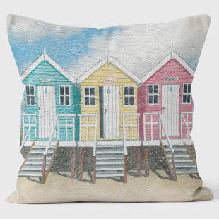 WE LOVE CUSHIONS Blue Yellow Pink Beach Huts - Martin Wiscombe - Art Print Cushion