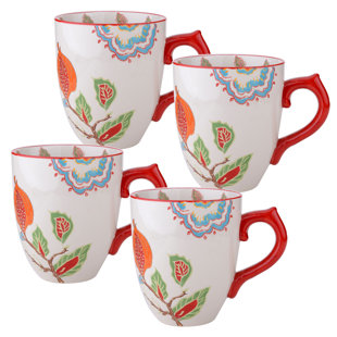GRACE'S TEA WARE Dutch Wax 14 oz. Mug Set Guava Floral Set (Set of 4)