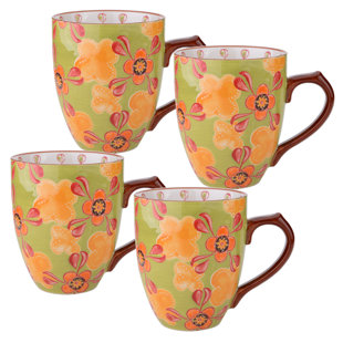 GRACE'S TEA WARE Dutch Wax 14 oz. Mug Green / Yellow Floral Set (Set of 4)