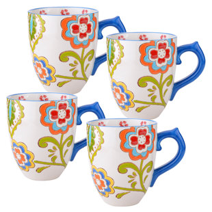GRACE'S TEA WARE Dutch Wax 14 oz. Mug Set Cashew Floral Set (Set of 4)