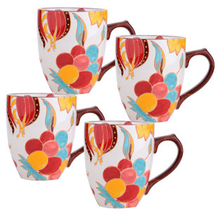 GRACE'S TEA WARE Dutch Wax 14 oz. Mug Set Red Floral Set (Set of 4)