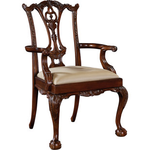 MAITLAND-SMITH Philadelphia Carved Chippendale Upholstered Queen Anne Back Arm Chair in Mahogany/Neutral