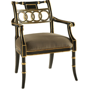 MAITLAND-SMITH Regency Velvet Upholstered Queen Anne Back Arm Chair Black Lacquer