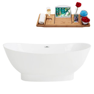 STREAMLINE BATH 63" x 34" Freestanding Soaking Solid Surface Bathtub