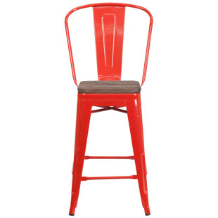 WILLISTON FORGE Marian Metal Bar or Counter Height Stool with Back and Wood Seat