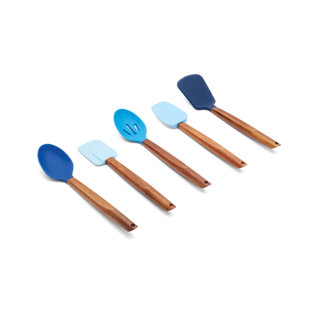 Fox Run Brands Silicone Cooking Utensil Set, 5-Pieces, Blue, Wooden Handles