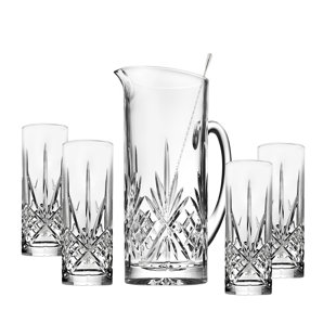 GODINGER SILVER ART CO Dublin Crystal 6 Piece Pitcher 34oz & Tom Collins Glass 12oz Set