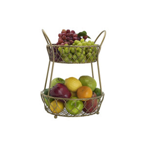 Gourmet Basics by Mikasa Loop and Lattice Metal 2-Tier Round Fruit Storage Basket, Matte Gold