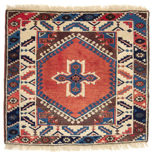 CARPETFINE Handgefertigter Teppich aus Wolle in Rot/Beige/Blau