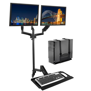 Mount-It Adjustable Full Motion Dual Wall Mount w/ Keyboard Tray & CPU Holder | Fits 32 in. Screens