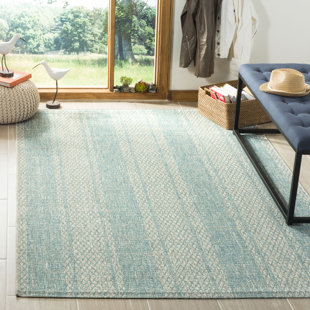 WORLD MENAGERIE Atwells Hooked Light Grey/Aqua Indoor/Outdoor Rug