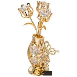 MATASHI CRYSTAL 24K Gold Plated Tulips with Butterfly In A Vase With Clear-Cut Crystals