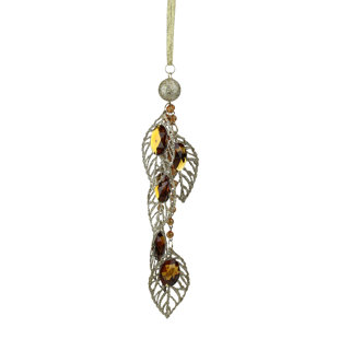 TORI HOME 8.5" Gold Glittered Amber Jeweled Leaf and Bead Pendant Christmas Ornament