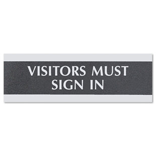 U.S. STAMP & SIGN Century Series "Visitors Must Sign In" Sign, 9w x 1/2d x 3h, Black/Silver