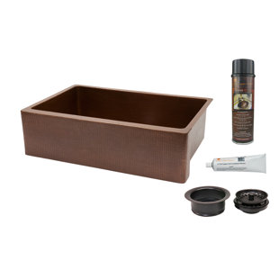 PREMIER COPPER PRODUCTS 33" Antique Hammered Copper Kitchen Apron Single Basin Sink with Matching Drain, and Accessories