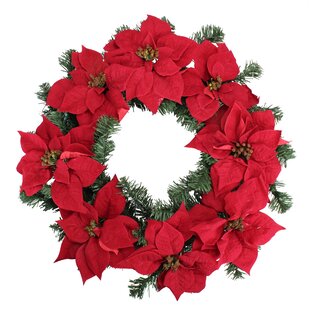 LB INTERNATIONAL Pre-Lit Poinsettia Artificial Christmas Wreath - 24-Inch Clear LED Lights