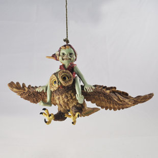 HAPPY LARRY Pixie Riding Owl on Rope Hanging Outdoor Garden Statue