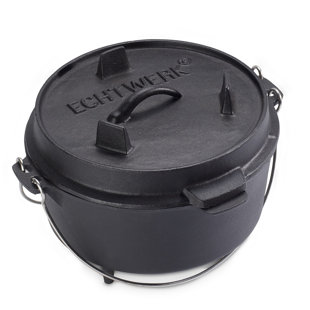 Echtwerk Dutch Oven, Gusseisen BBQ Kochtopf, Deckel mit Edelstahl Henkel als Pfanne nutzbar, für Indoor und Outdoor