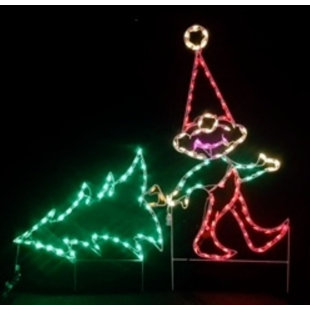 LORI'S LIGHTED D'LITES Elf Pulling Christmas Tree Holiday Lighted Display