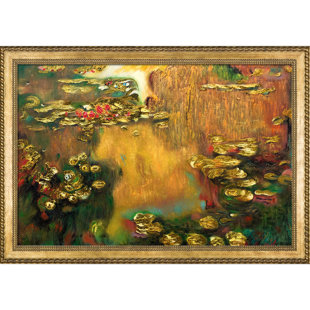 TORI HOME Luxury Line 'Water Lilies Metallic Embellished' by Claude Monet Framed Original Painting on Canvas