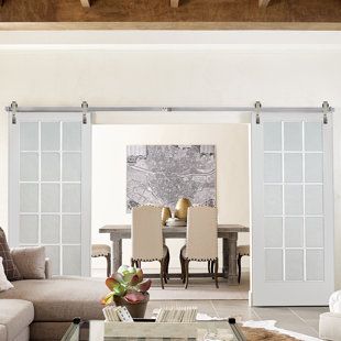 MMI DOOR Solid + Manufactured Wood Glass with Installation Hardware Kit Barn Door