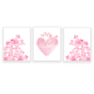 OUTSIDE IN ART STUDIO Butterflies and Flowers with Personalized Heart, Paper Prints (Set of 3)